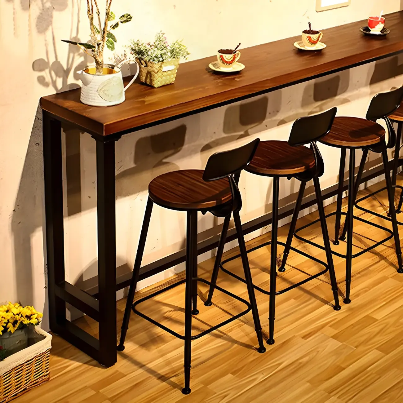 Rectangular Brown Wooden Bar Height Bar Set