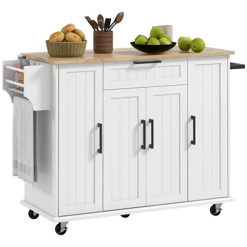 52Kitchen Island Rolling Kitchen Cart with Rubberwood Top,Spice Rack,Towel Rack,Drawer