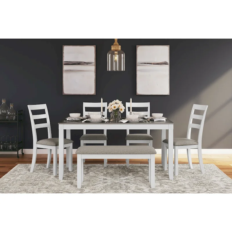 Stonehollow White and Gray Dining Table and Chairs with Bench (Set of 6)