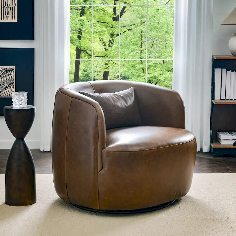 KINWELL Modern Top Grain Genuine Leather Swivel Armchair with Pillow