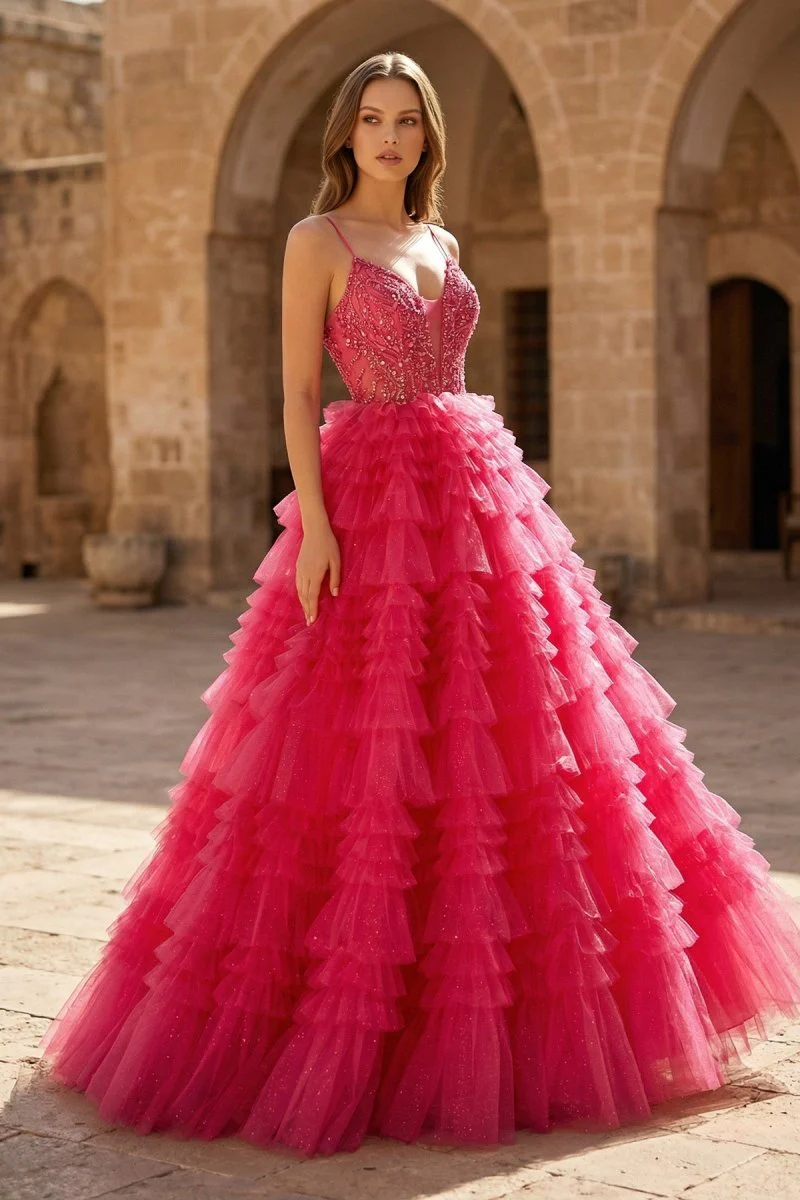 Lace Applique Tiered Ruffles Tulle Long Prom Dress