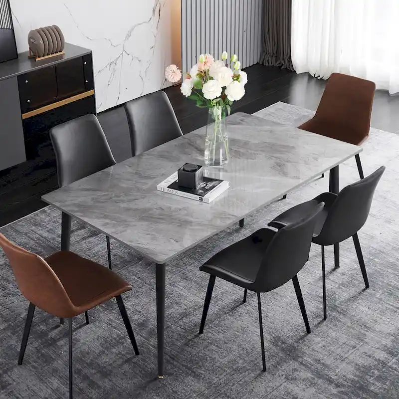 6 Seater Kitchen Dining Table Modern Marble Tabletop Rectangular with Tapered Metal Legs