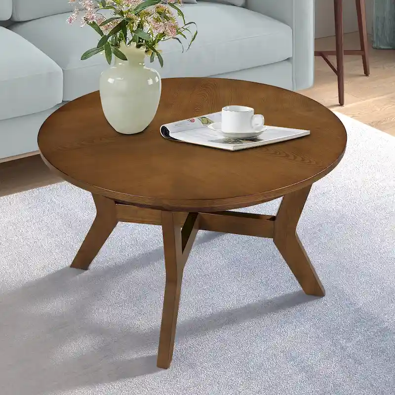 Farmhouse Wood Round Coffee Table with 4 Soild Wood Legs