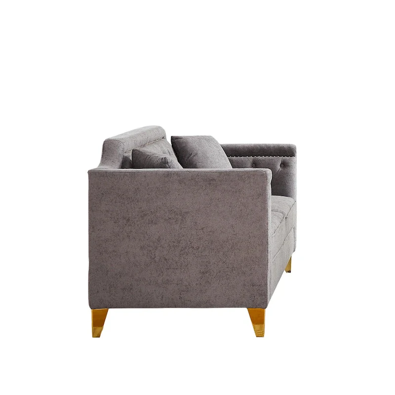 Grey 61.5 Chenille 3-Seater Tufted Sofa with Copper Nail Arms, 2 Pillows