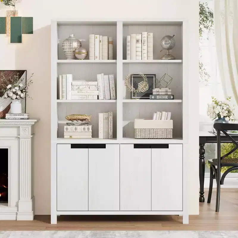 COZONY 70.7 Gray/White Farmhouse Bookcase with Doors, 5-Tier Double Wide Bookshelf with Cabinet and Adjustable Shelf