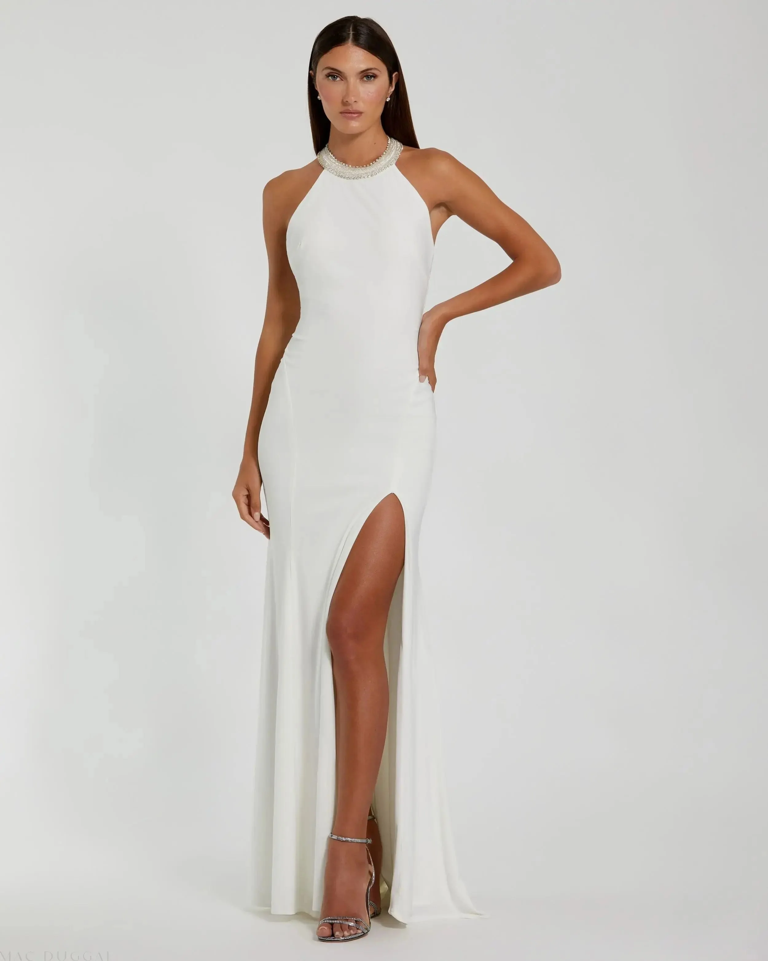 Beaded Halter Jersey Gown