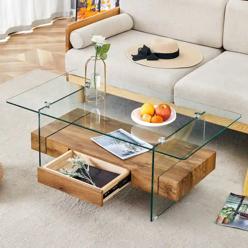 Black / White / Transparent / Natural Double-Layer Coffee Table with Drawer, 1-Person