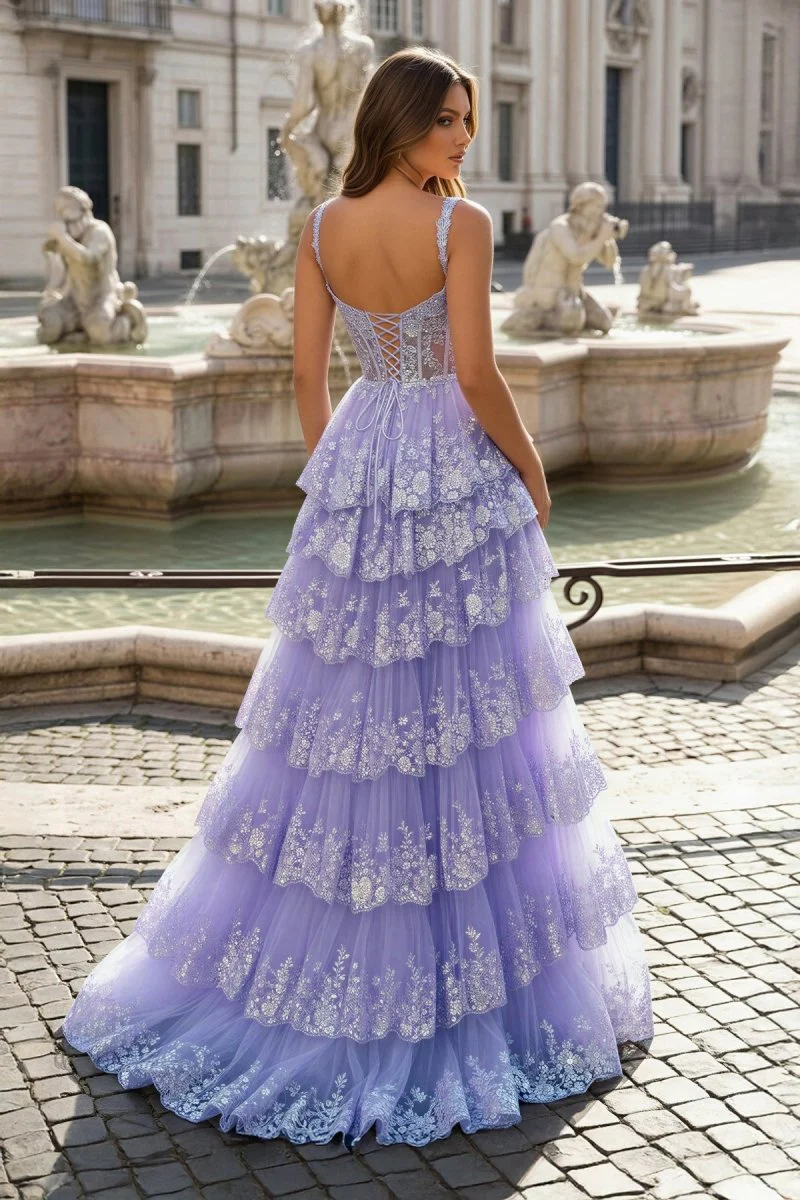 A-Line Lace Off-the-Shoulder Tiered Long Prom Dress with Slit