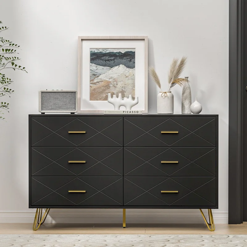 Black / White Fluted 6-Drawer Dresser with Gold Handles - Single Use
