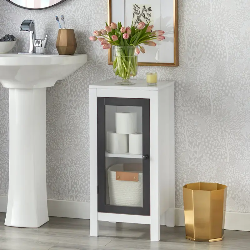White/Black Single-Door Floor Cabinet, Transitional Style, 1-Person Assembly