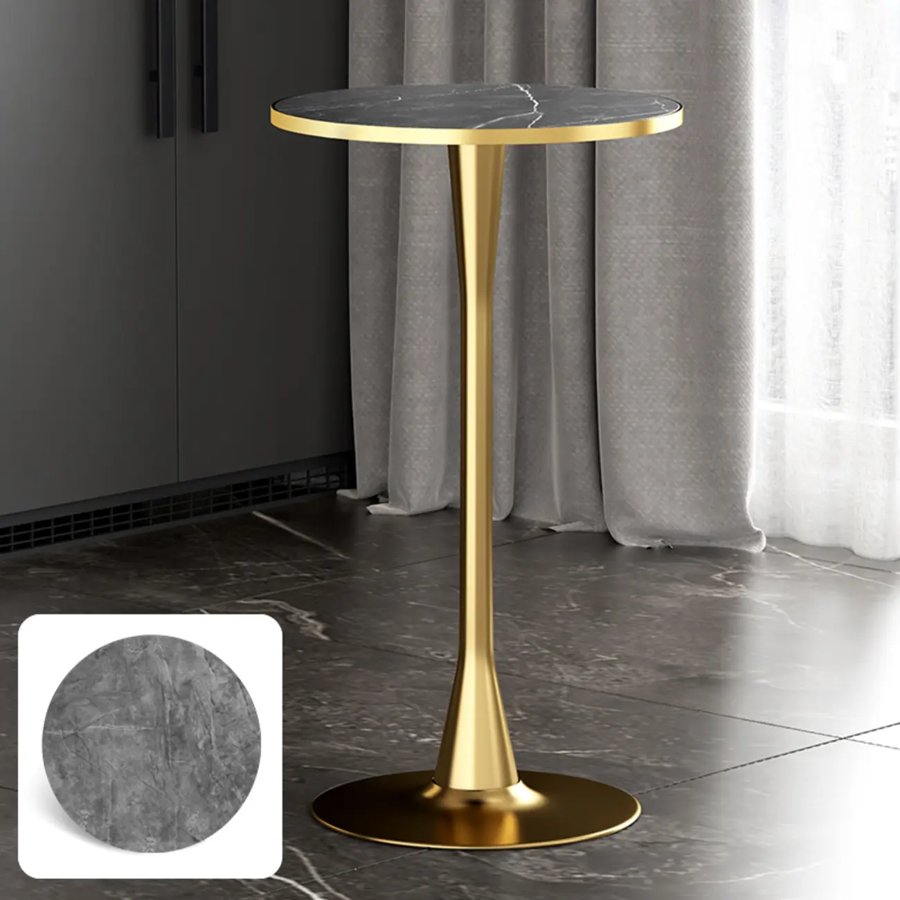 Modern Matte Black Metal Pedestal Round Wood Bar Tables