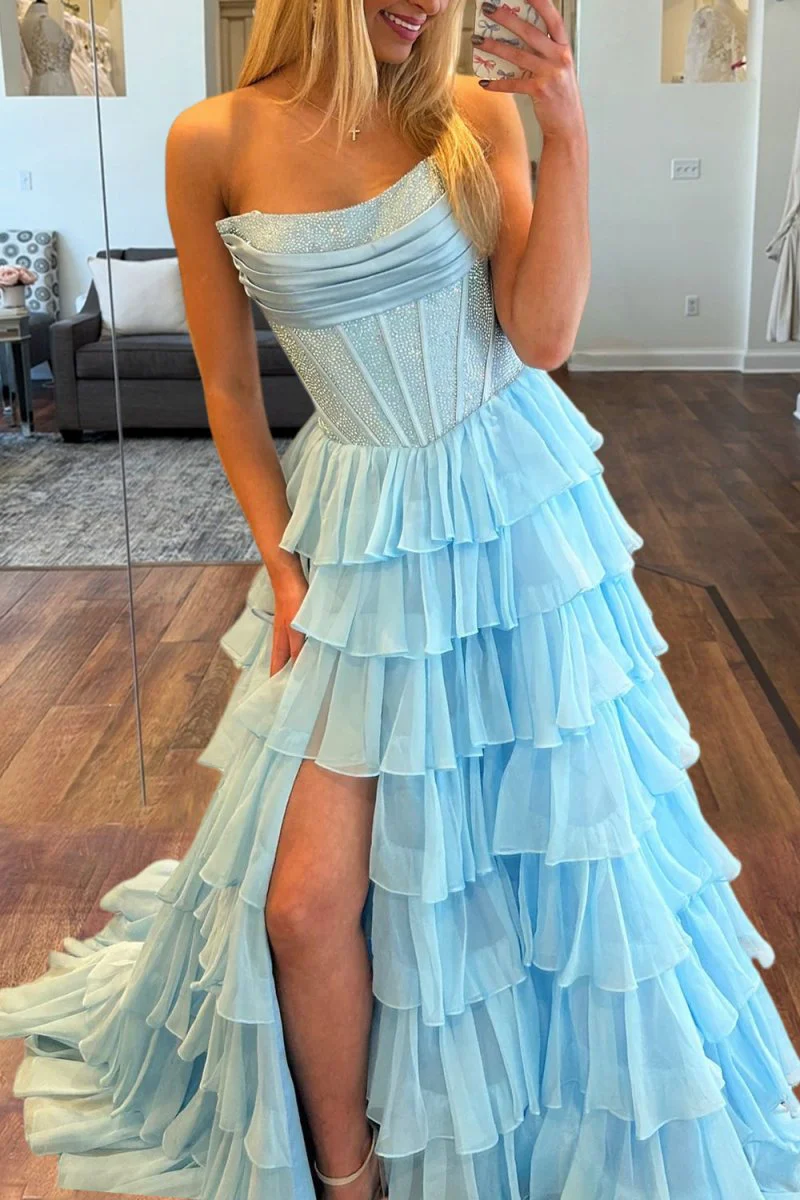 Sky Blue - A Line Strapless Chiffon Beaded Corset Long Prom Dress With Slit