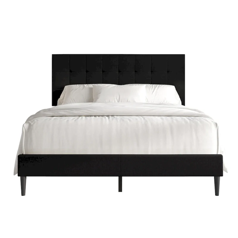 Beige / Light Grey / Black Linen Upholstered Platform Bed with Square Stitching Headboard – Twin / Full / Queen / King