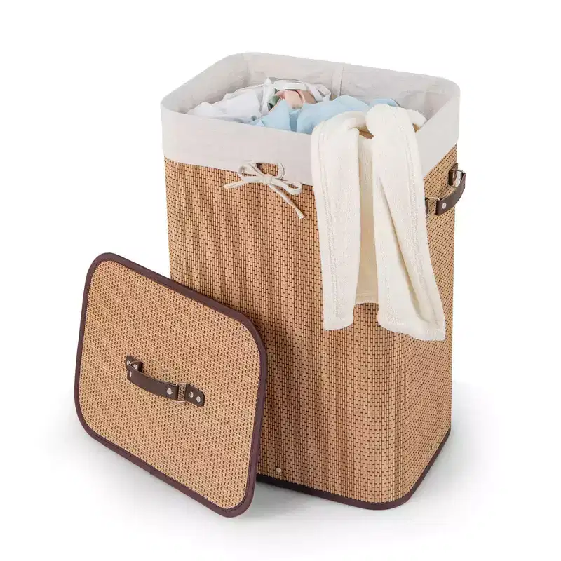Costway Rectangle Bamboo Hamper Laundry Basket Washing Cloth Bin Bag Lid Black/Natural/Brown/Bamboo