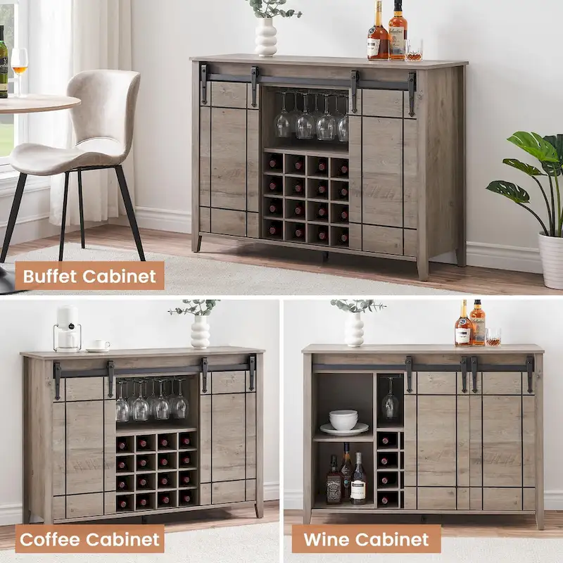 Dark Brown / White Farmhouse Sliding Barn Door Wine Bar Cabinet with 16-Bottle Rack – Single Unit