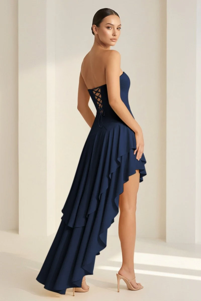Blue Sheath Strapless Spandex High Low Long Prom Dresses with Ruffles