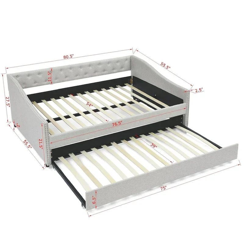 Upholstered Daybed Frame with Trundle & Tufted Backrest