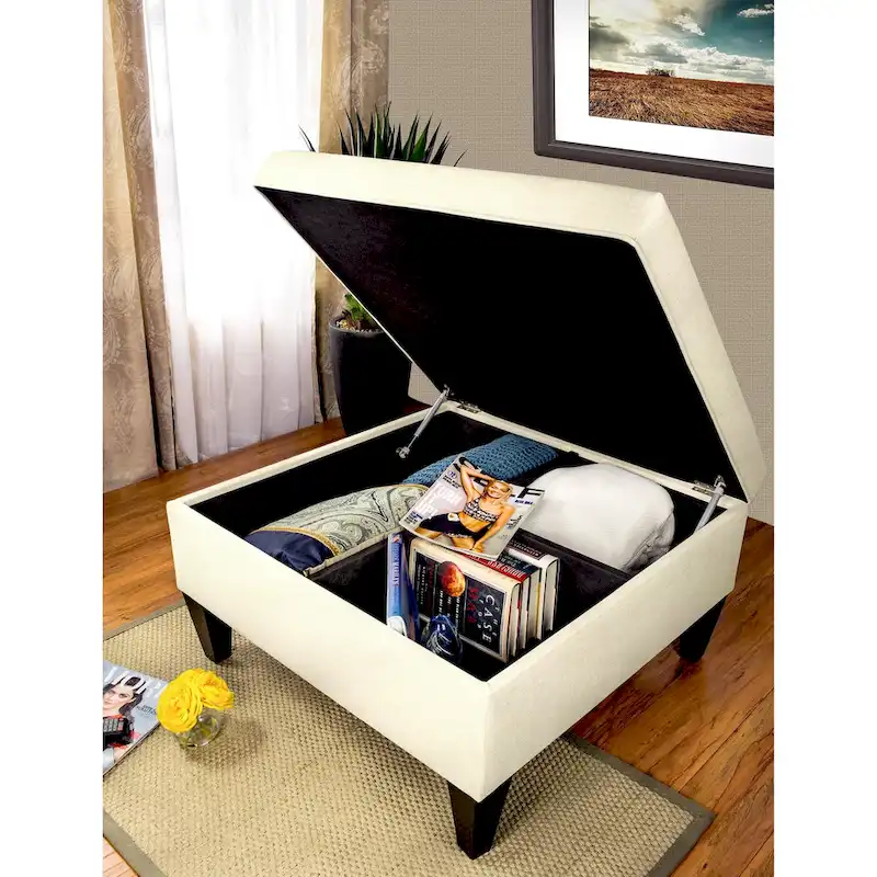 Dark Grey / Denim / Ivory / Tan Square Storage Cocktail Ottoman, 1-Seat
