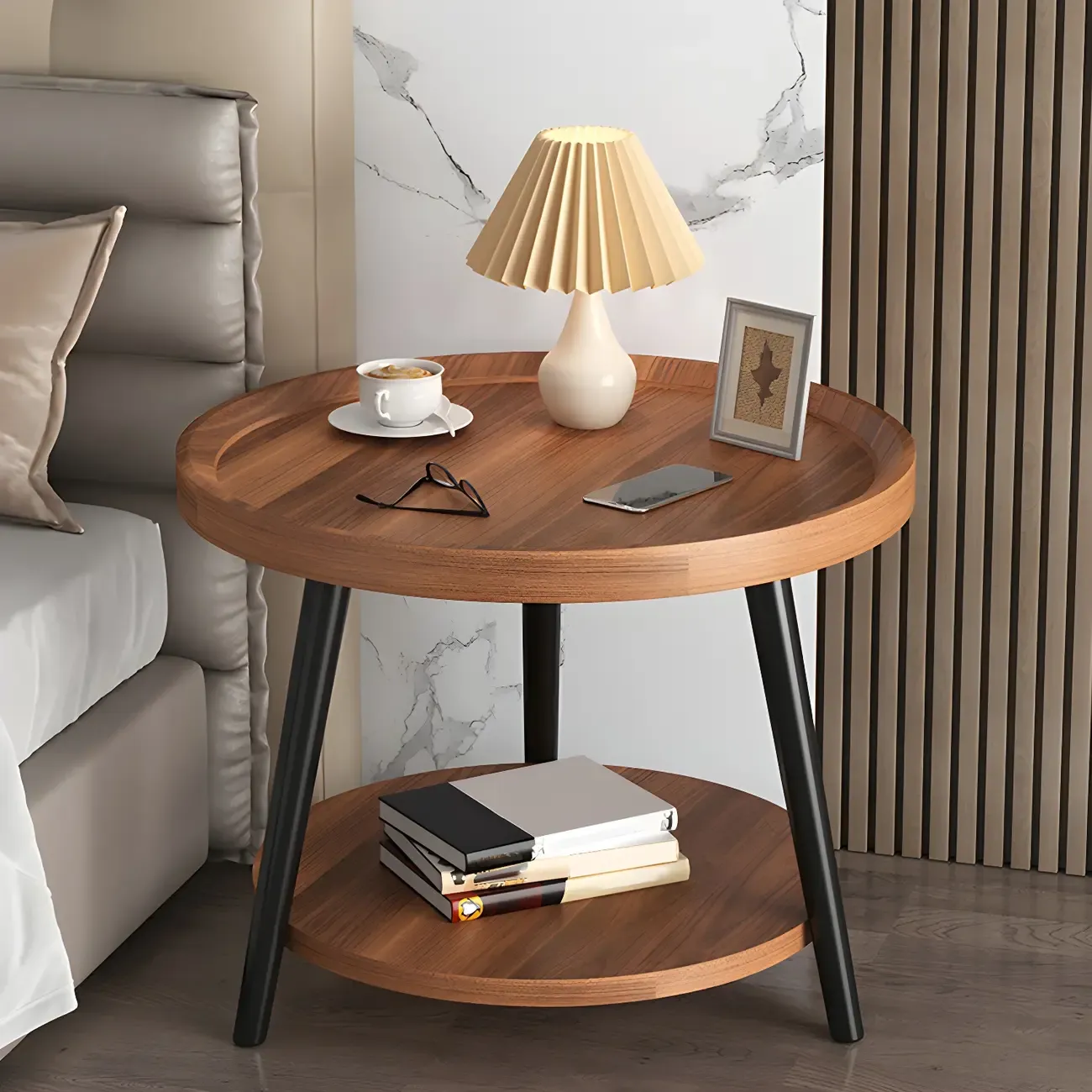 Natural Espresso Wood Small Round End Side Table with Tray Top & Shelf