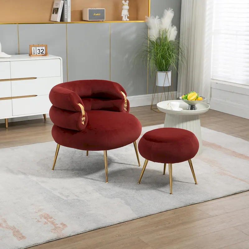 Wine Red Velvet Barrel Accent Chair with Ottoman, Single Seat, Metal Legs