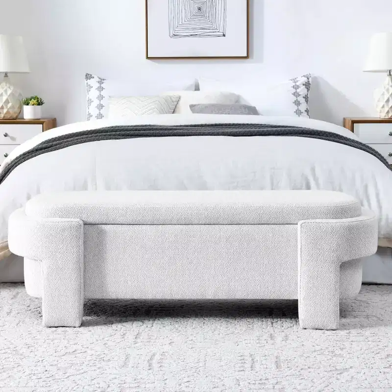 MAYEERTY Linen Fabric Upholstered Bench with Large Storage Space for Living Room Bedroom Entryway White