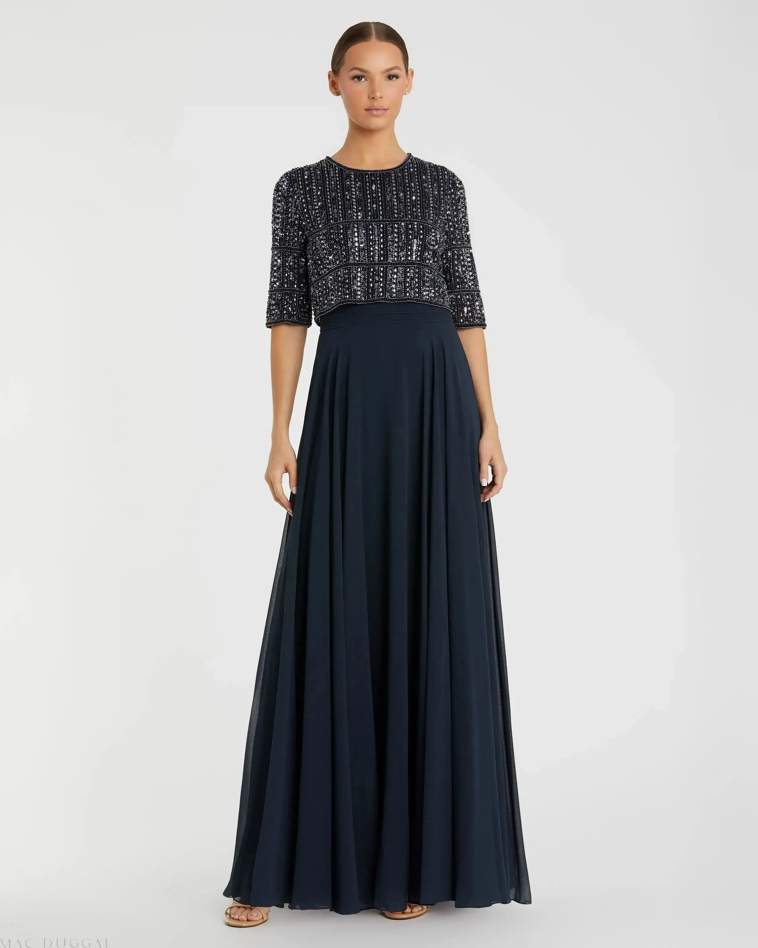 Navy Chiffon Gown w/ Fully Beaded 3/4 Sleeve Top