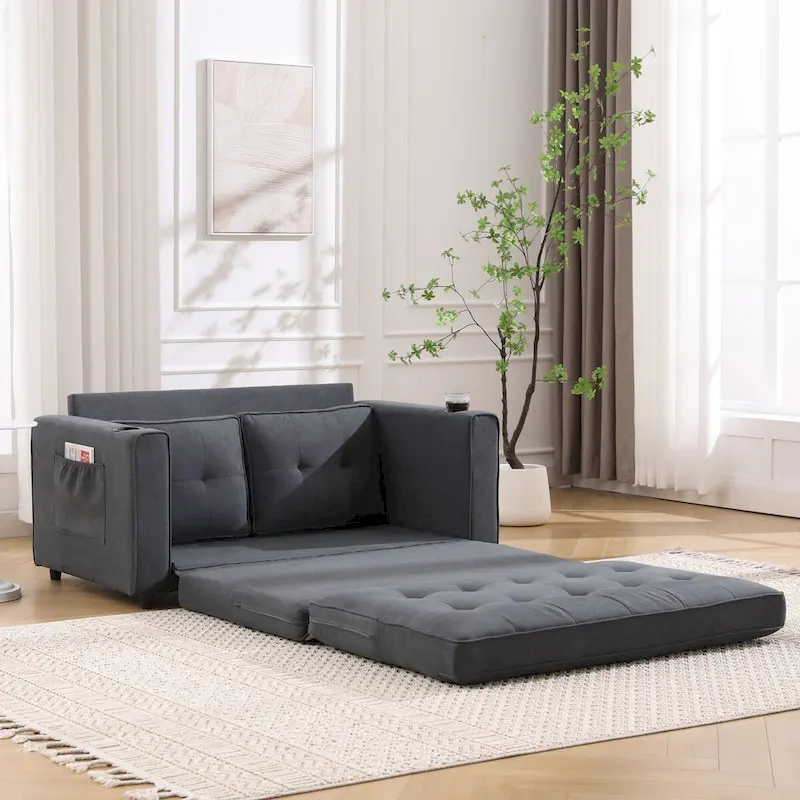 Oaks Aura Upholstered Futon Sofa with Pull-Out Sleeper Couch, Muticolour Choice Foldable Tufted Loveseat With Cup Holder