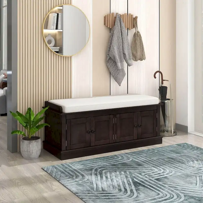 42.70  Modern Versatile Entry Upholstered Storage Bench with 4 Doors, Adjustable Shelves and Shoe Racks