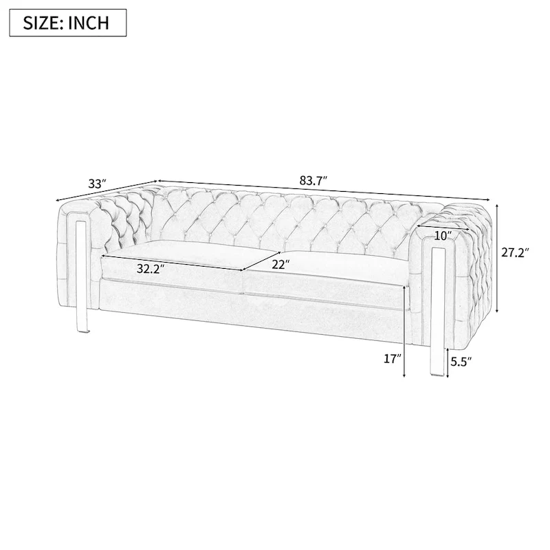 Keyser Modern Glam Tufted Velvet 3 Seater Sofa - 83.75  L x 34.50  W x 27.25  H