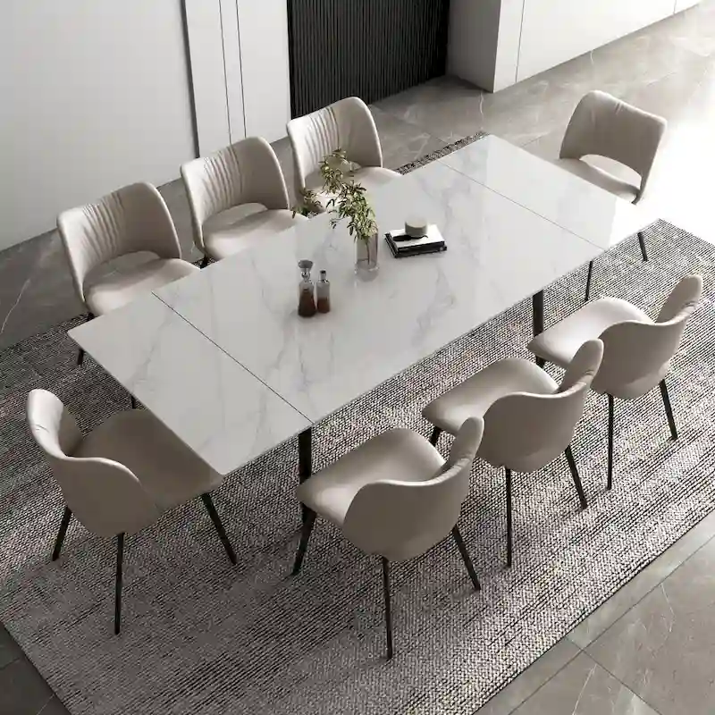 9 Piece 62.9 inch to 94.4 inch Extendable Dining Table Set with Sintered Stone Top 8 Chairs