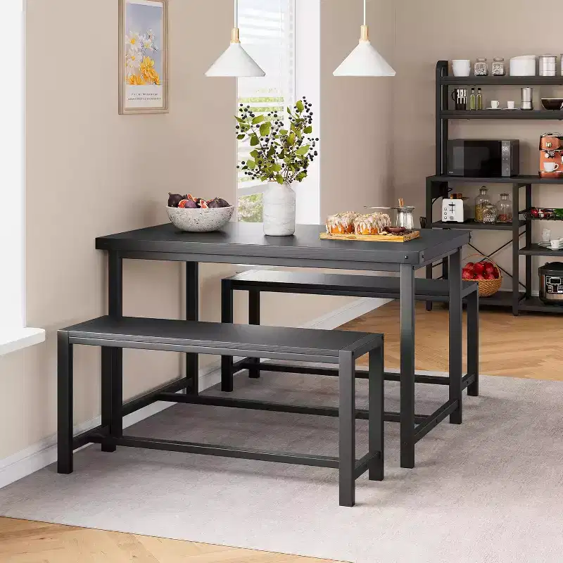 CuisinSmart Farmhouse Dining Table Set for 4 People, 44.4'' Kitchen Table Set with 2 Benches, 3 Piece Rectangular Breakfast Table Set