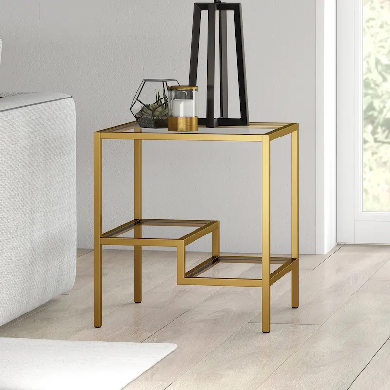 Brass / Blackened Bronze / Satin Nickel Metal Frame Two-Tier Side Table with Tempered Glass Top – 20 in