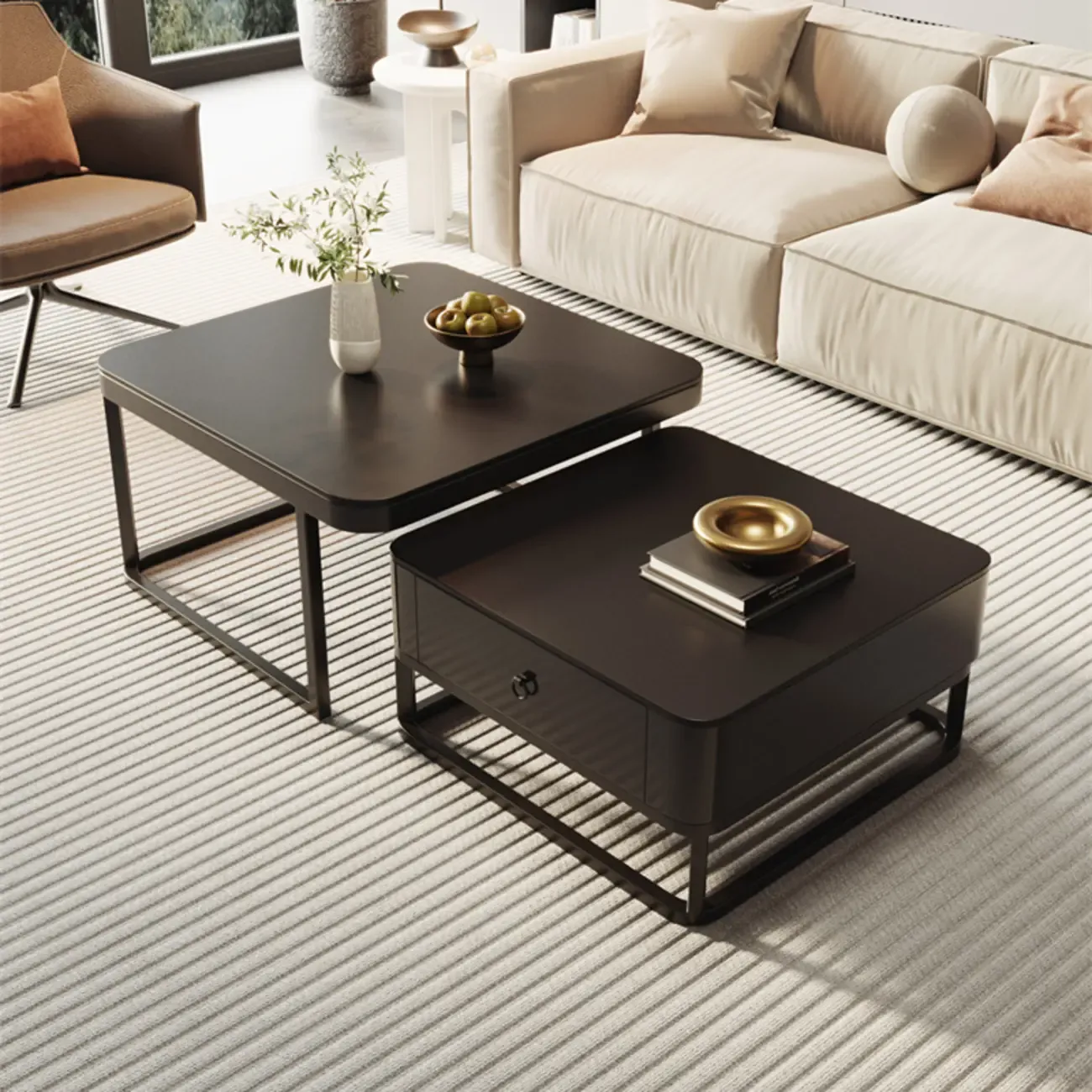 Modern Square Wood Stone Nesting Coffee Table