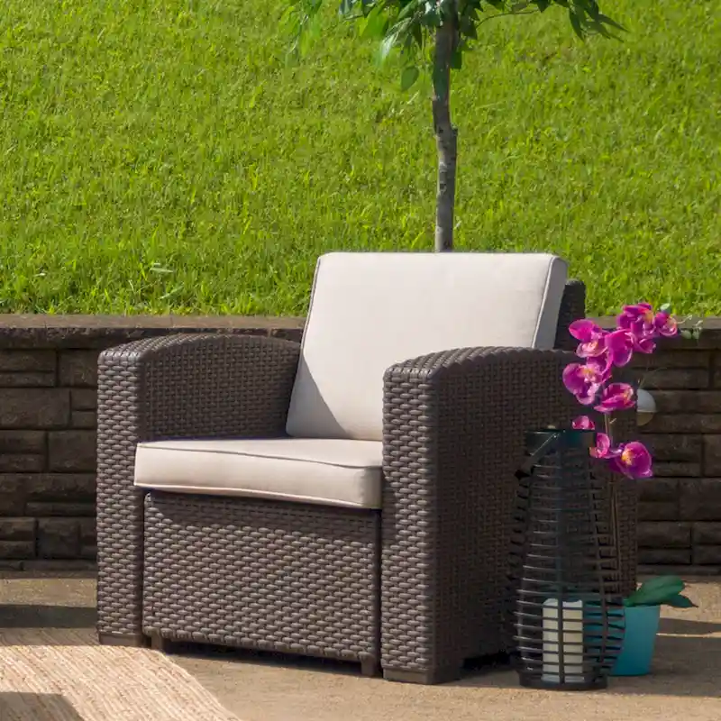 Faux Rattan Chair with All-Weather Cushion