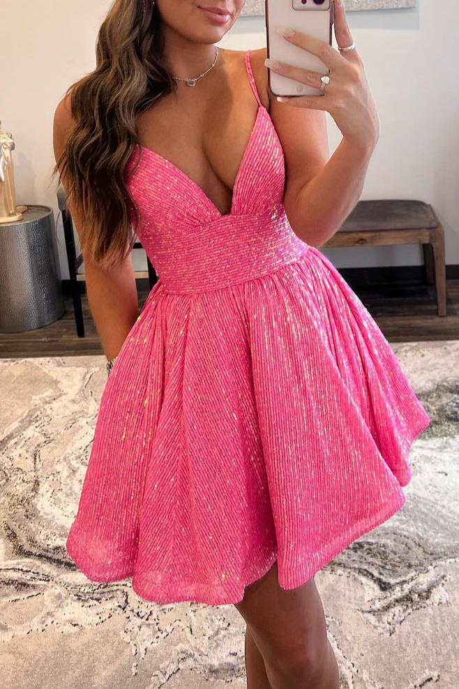 A-line V Neck Sequins Homecoming Dress