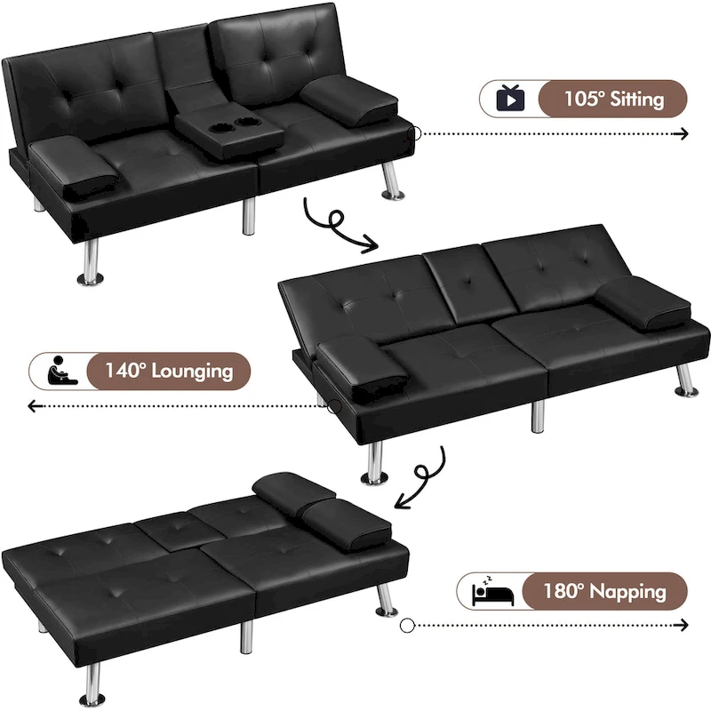 Yaheetech Faux Leather Convertible Futon Sofa Bed 3-In-1 Adjustable Futon Couch