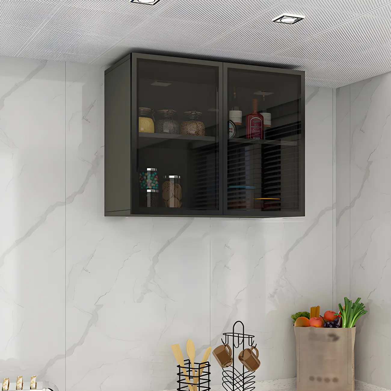 Grey Wood Floating Mount Glass Dooor Kitchen China Cabinet