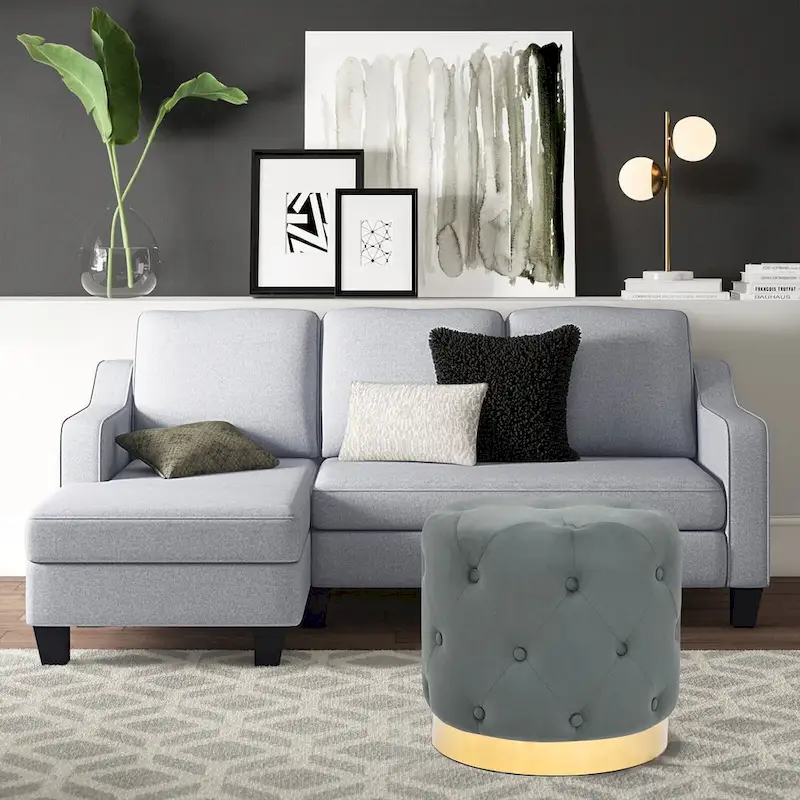 Adeco Round Velvet Ottoman Vanity Footrest Stool Gold Plating Base