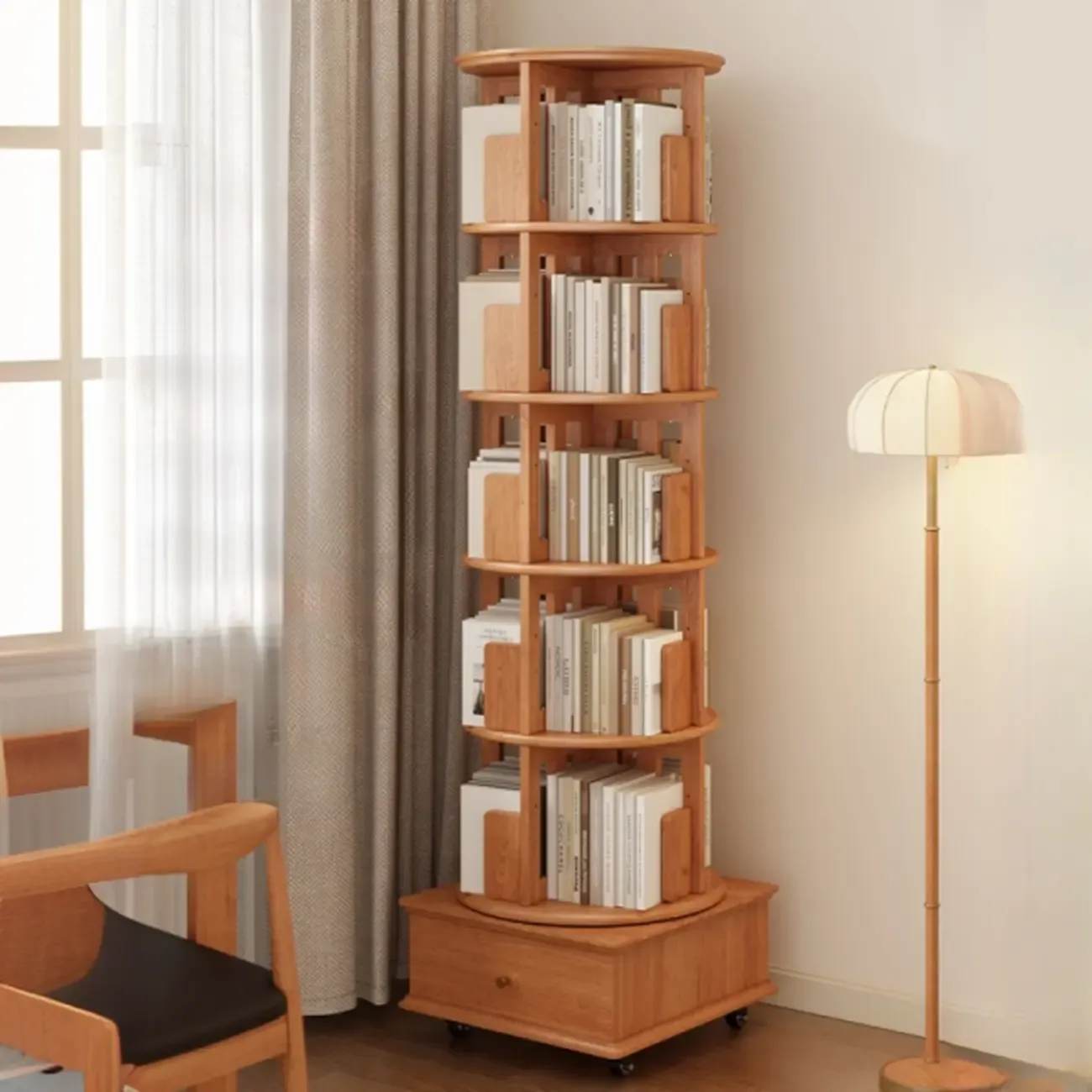 Cylindrical Movable 360° Rotating Wooden Bookshelf with Drawer