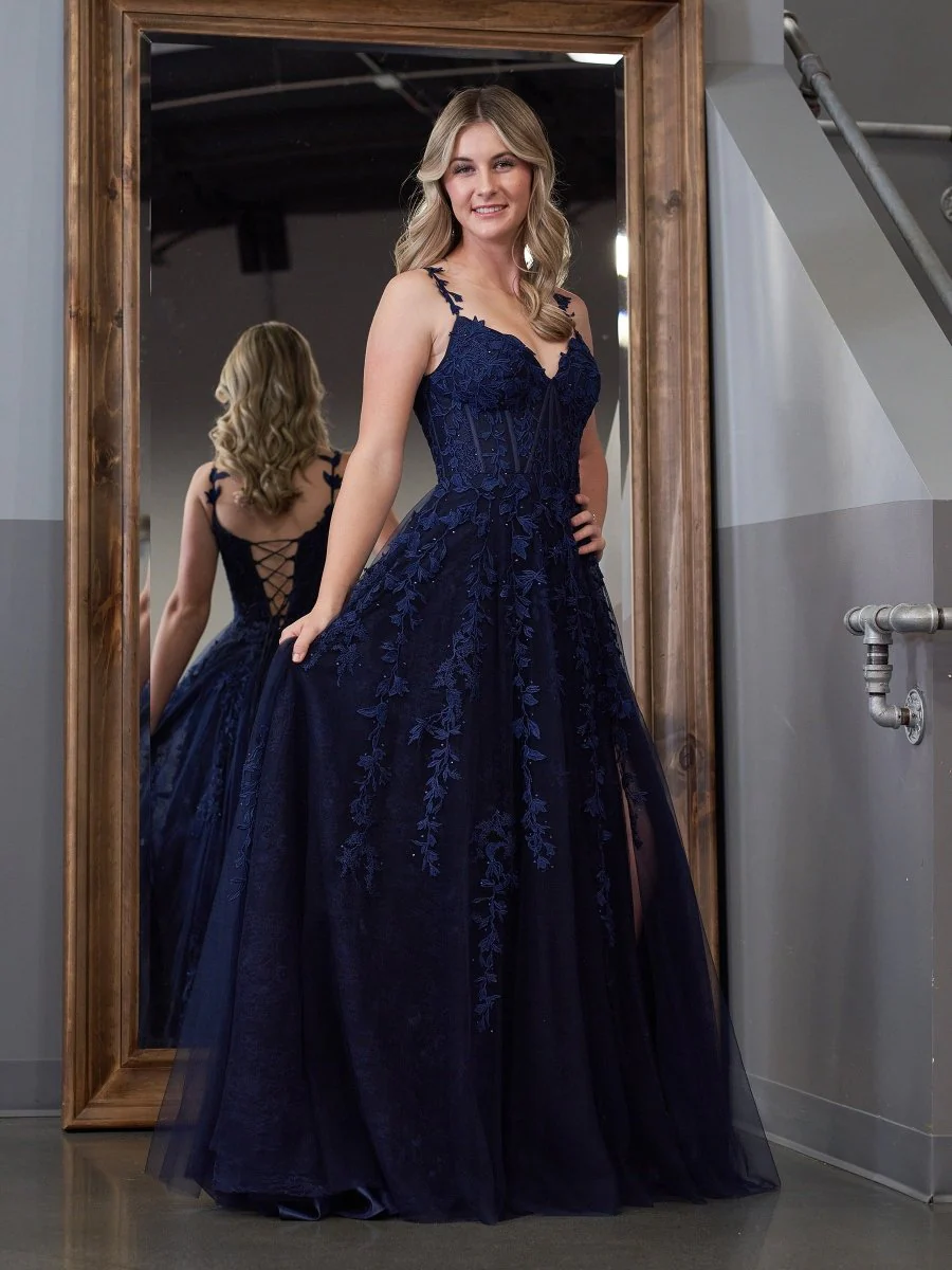 A-line V Neck Lace Tulle Prom Dress With Slit