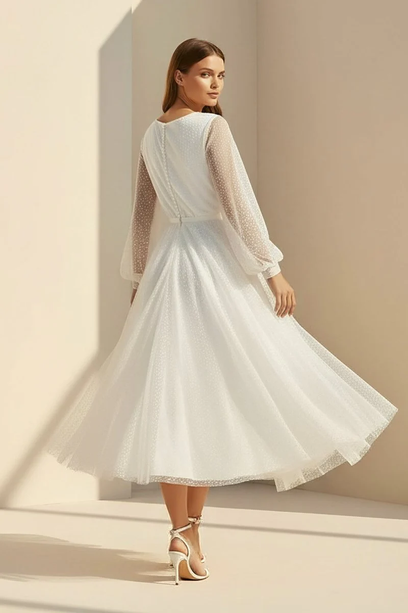 A-Line Tulle White Tea-Length Long Sleeve Wedding Dress