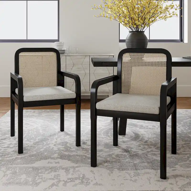 Black / Acorn Rattan Back Dining Chair with Removable Cushion, Set of 2