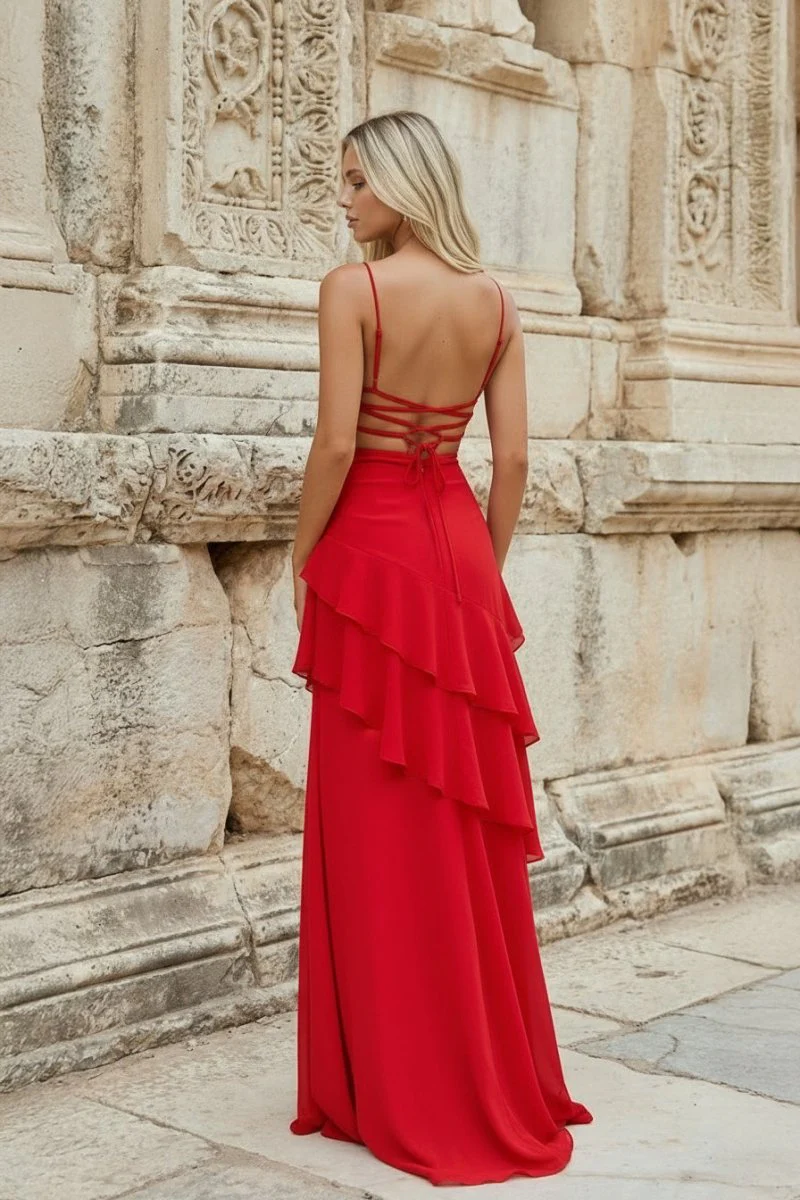 Red - Sheath Spaghetti Straps Chiffon Long Prom Dresses with Ruffles
