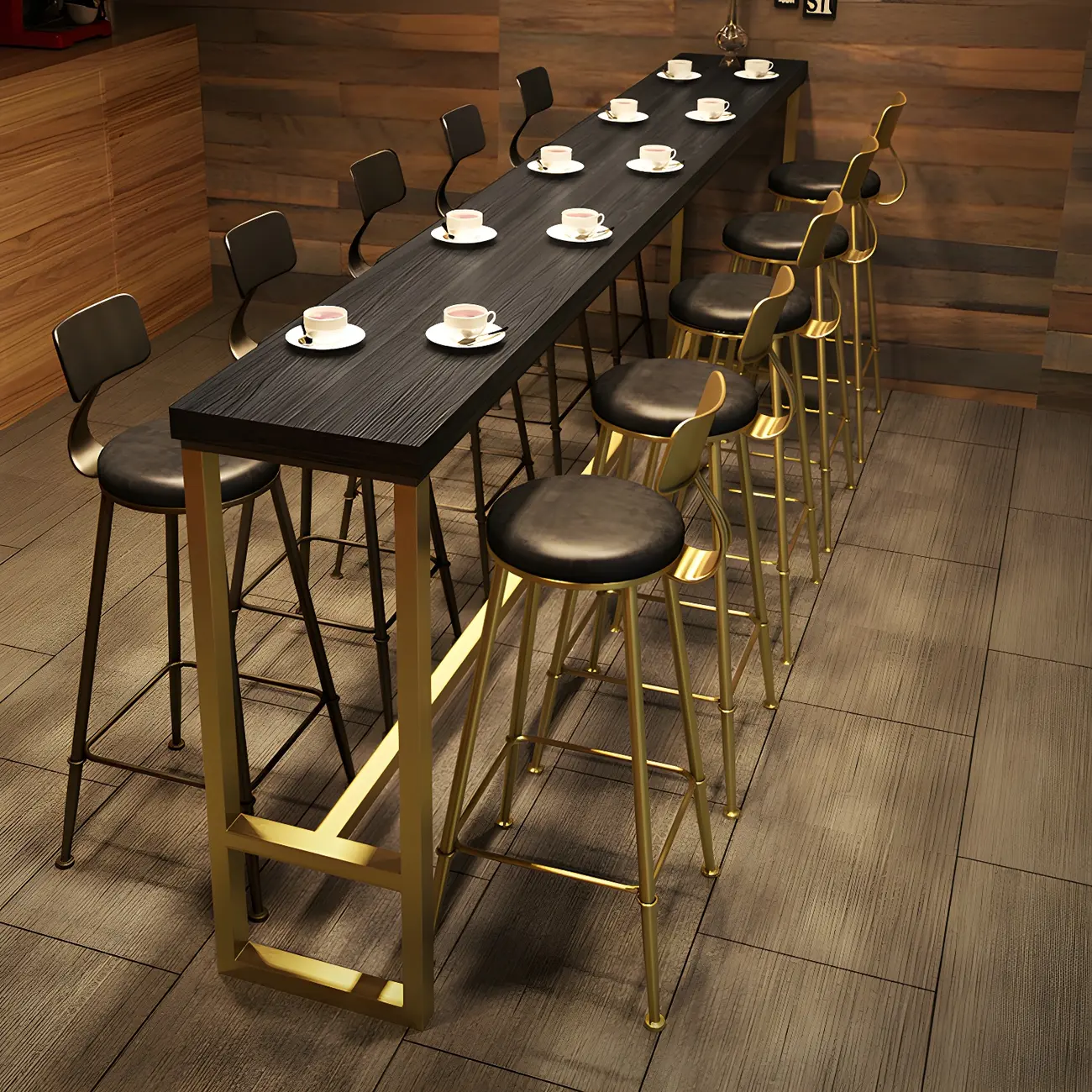 Black Gold Glam Metal Pine Wood Bar Tables with Footrest