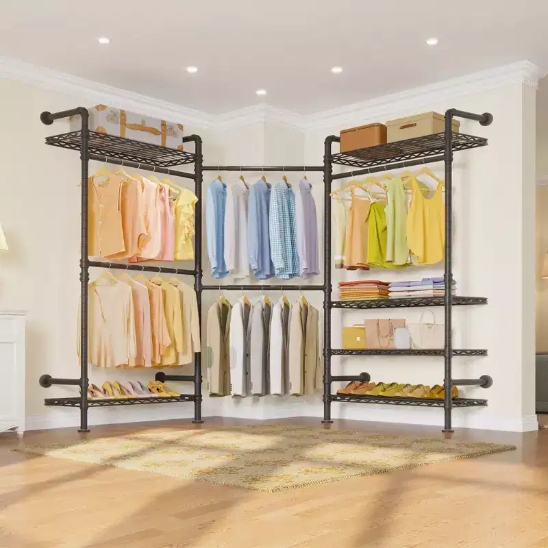 Timate L3 L Shape Garment Rack Heavy Duty Industrial Pipe Wall Mounted Clothing Rack Storage Closet Kit