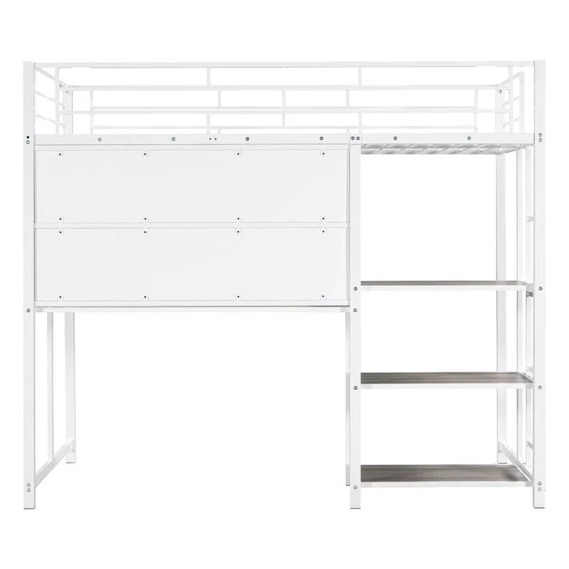 Metal Loft Bed with Desk, Whiteboard, Shelves, and Ladder
