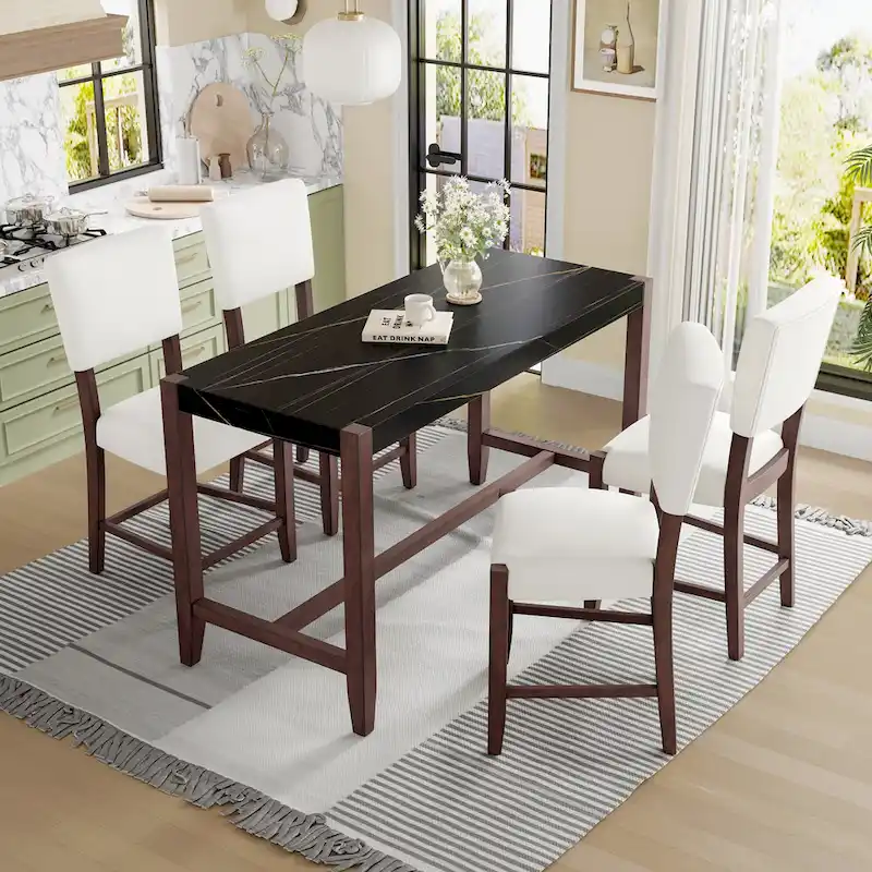 5-Piece Counter Height Dining Table Set, Faux Marble Bar Table and 4 Upholstered-Seat Chairs