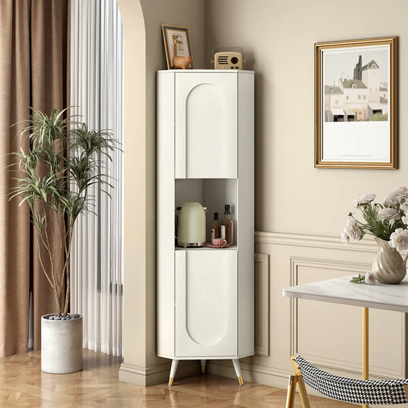 Chic White Wood Corner Cabinet with Open Shelves