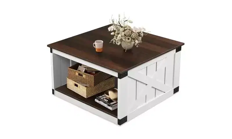 DEXYLLO Coffee Table, Farmhouse Coffee Table with Open Storage, 31.5 Wood Square Living Room Tables