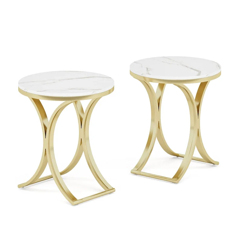 Round Side Table with Faux Marble Top and C-Shaped Metal Legs